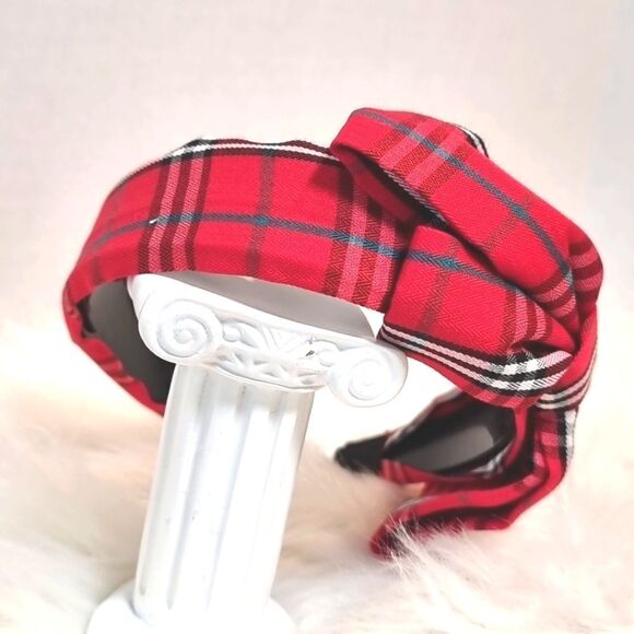 PLAID SIDE BOW HEADBAND Red white green black fabric - Picture 2 of 6